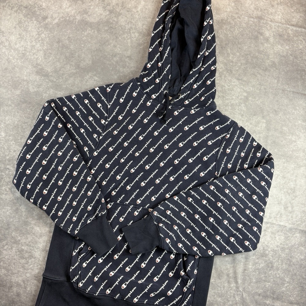 Vintage Champion Reverse Weave Hoodie‎ Mens S Blue All Over Print Sweatshirt